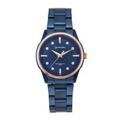 Montre femme étanche 50 métres, boîte acier bleu, bracelet acier bleu et verre minéral