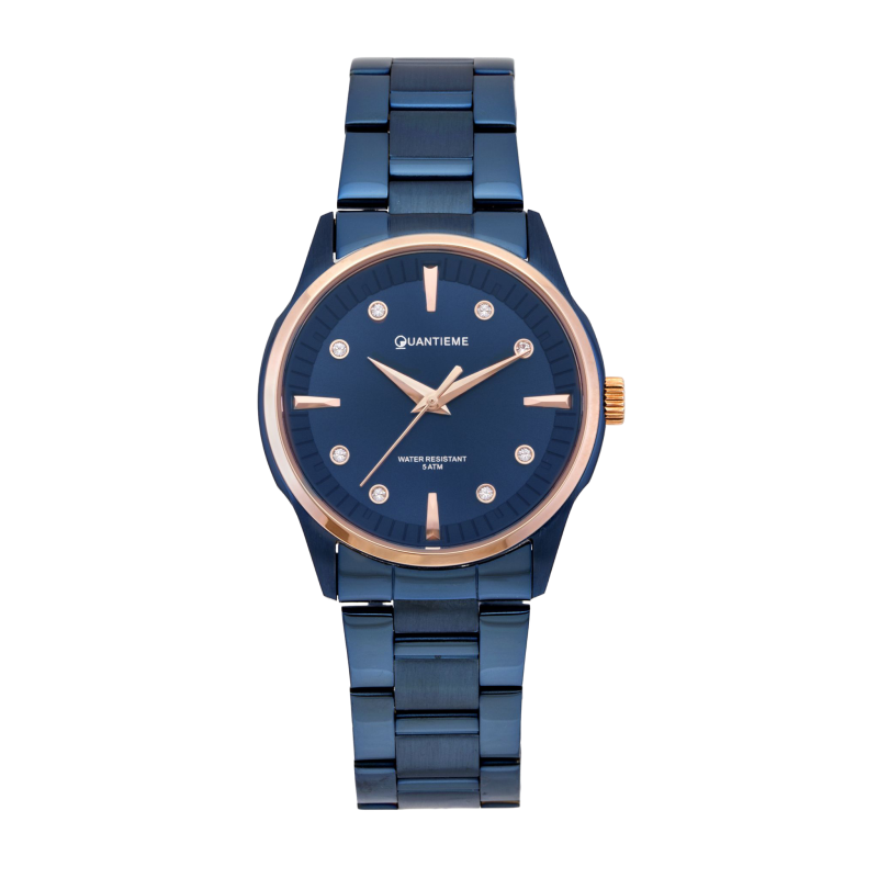 Montre femme étanche 50 métres, boîte acier bleu, bracelet acier bleu et verre minéral