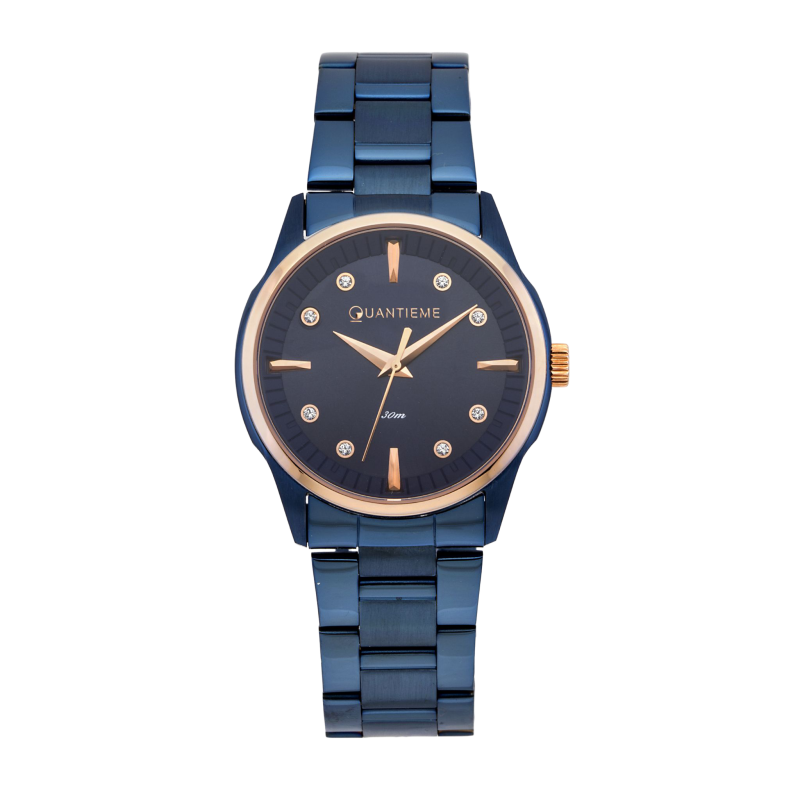 Montre femme étanche 50 métres, boîte acier bleu, bracelet acier bleu et verre minéral