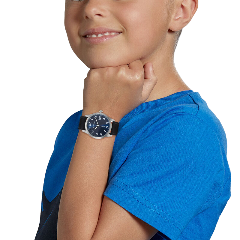 Montre, boîte acier et bracelet cuir, verre minéral, boys
