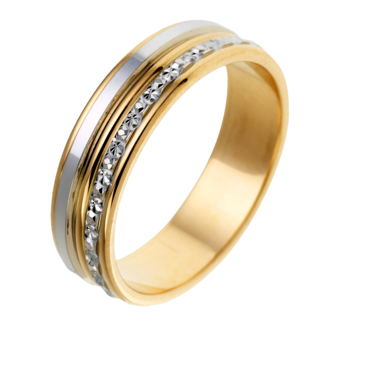 Alliance en 2 ors lisse et diamantée, largeur 5 mm