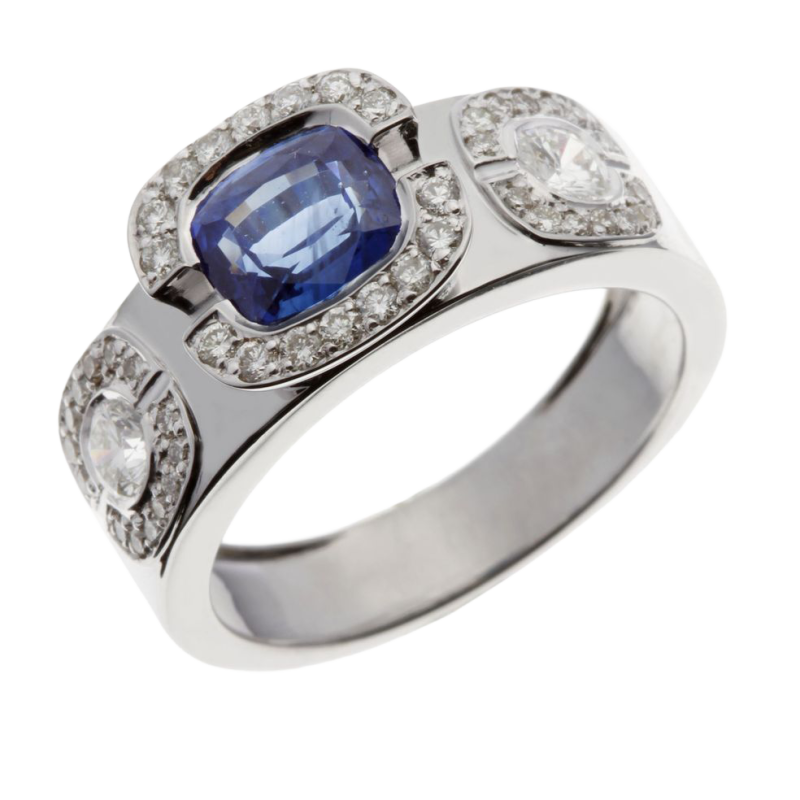 Bague en or gris, saphir et diamants