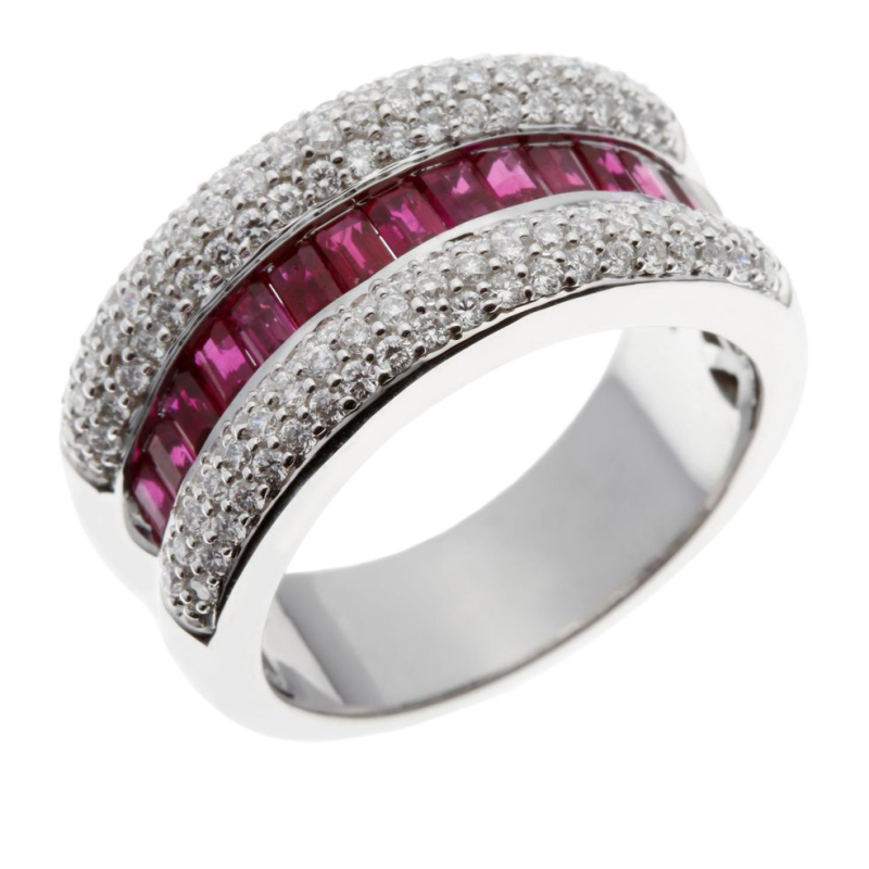 Bague en or gris, rubis baguettes et diamants