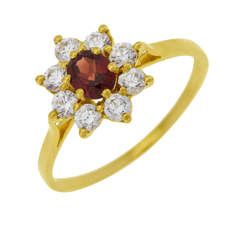 Bague en or jaune, grenat ovale  et oxydes de zirconium