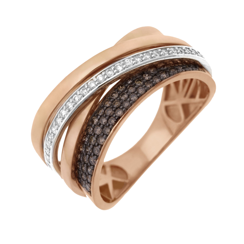 Bague en 2 ors rhodié,  diamants bruns et blancs