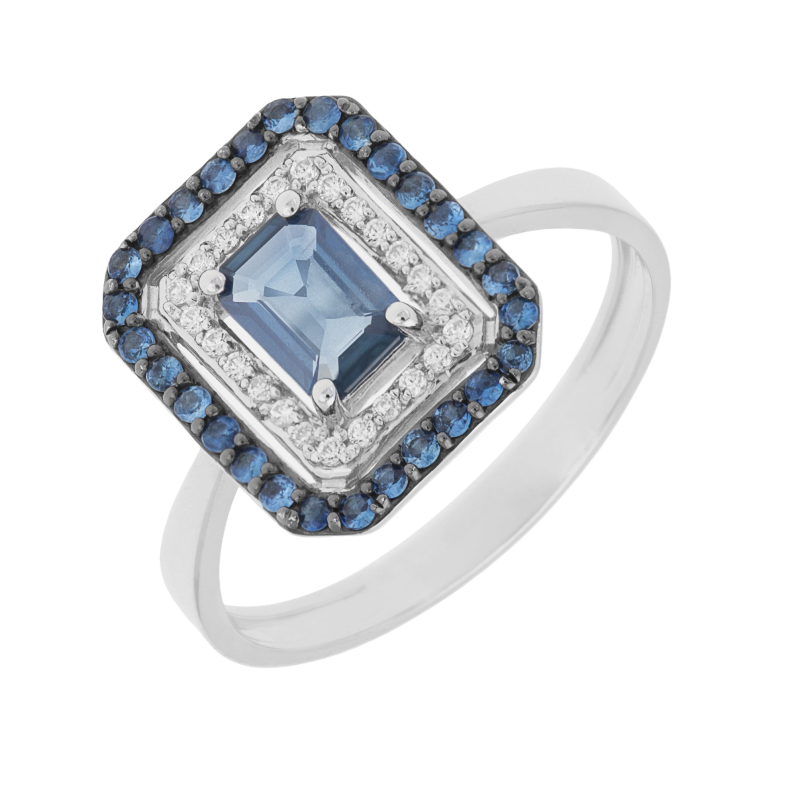 Bague en or gris et rhodié, diamants et saphirs