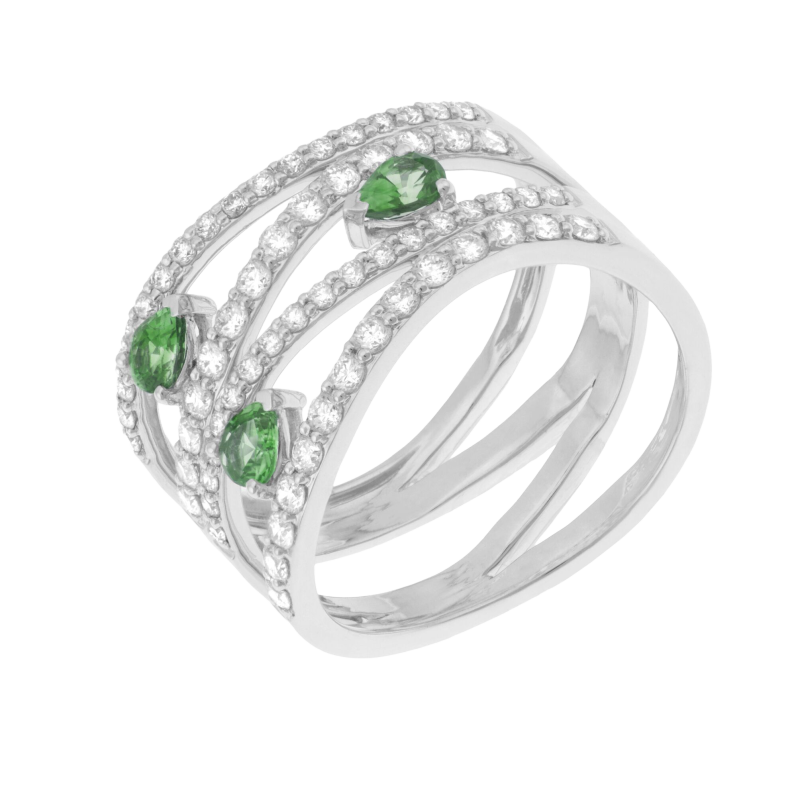 Bague en or gris, émeraudes et diamants