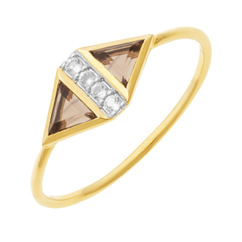 Bague en or jaune et rhodié, oxydes de zirconium et quartz fumés