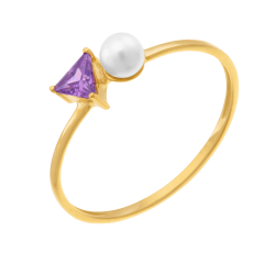 Bague en or jaune, oxyde de zirconium et perle de culture