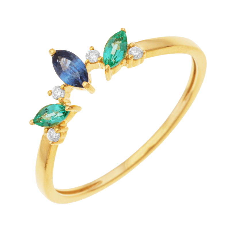 Bague en or jaune, saphir, émeraudes et diamants