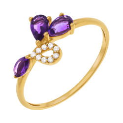 Bague en or jaune, améthystes et oxydes de zirconium