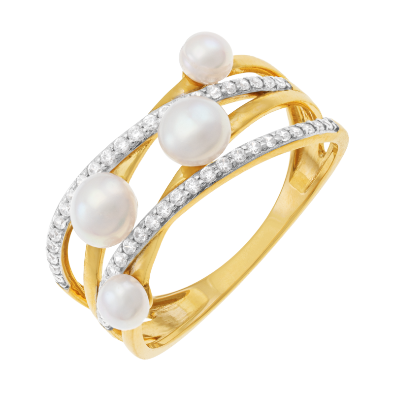 Bague en or jaune et rhodié, perles de culture et oxydes de zirconium 