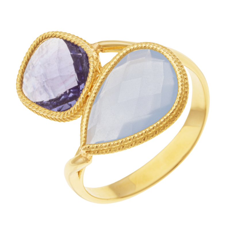 Bague en or jaune et cristaux de synthèse, goutte