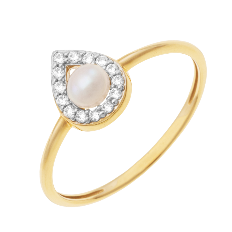 Bague en or jaune et rhodié, perle de culture et diamants