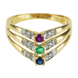 Bague en or jaune rhodié, saphir, rubis, émeraude et diamants