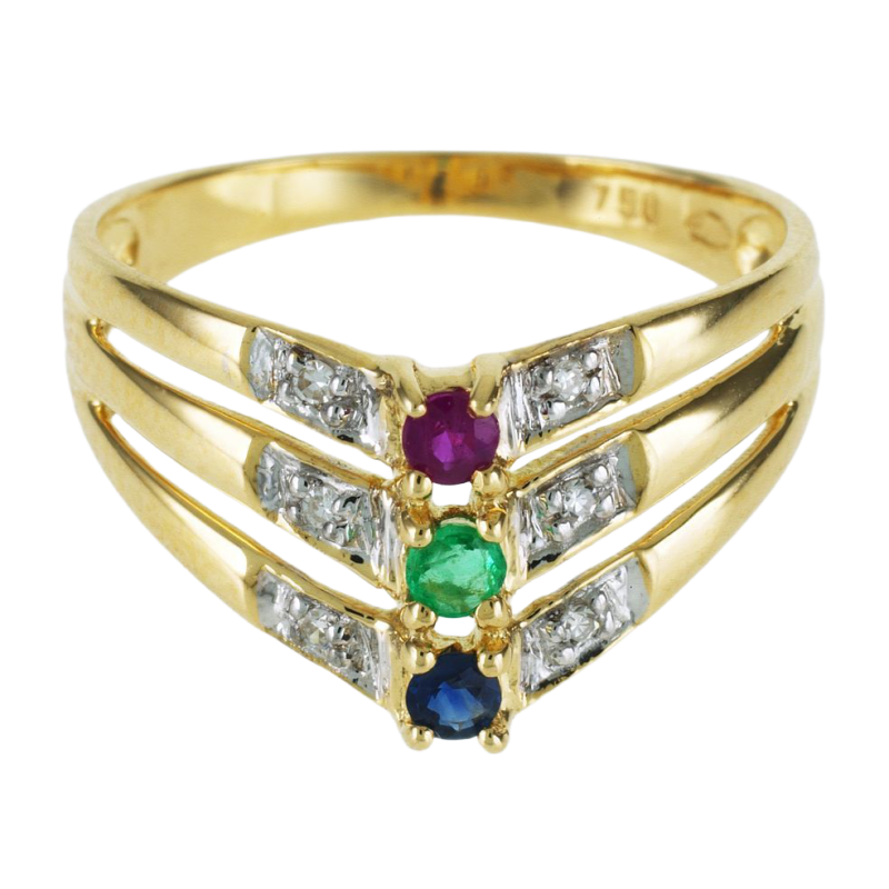 Bague en or jaune rhodié, saphir, rubis, émeraude et diamants