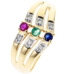 Bague en or jaune rhodié, saphir, rubis, émeraude et diamants