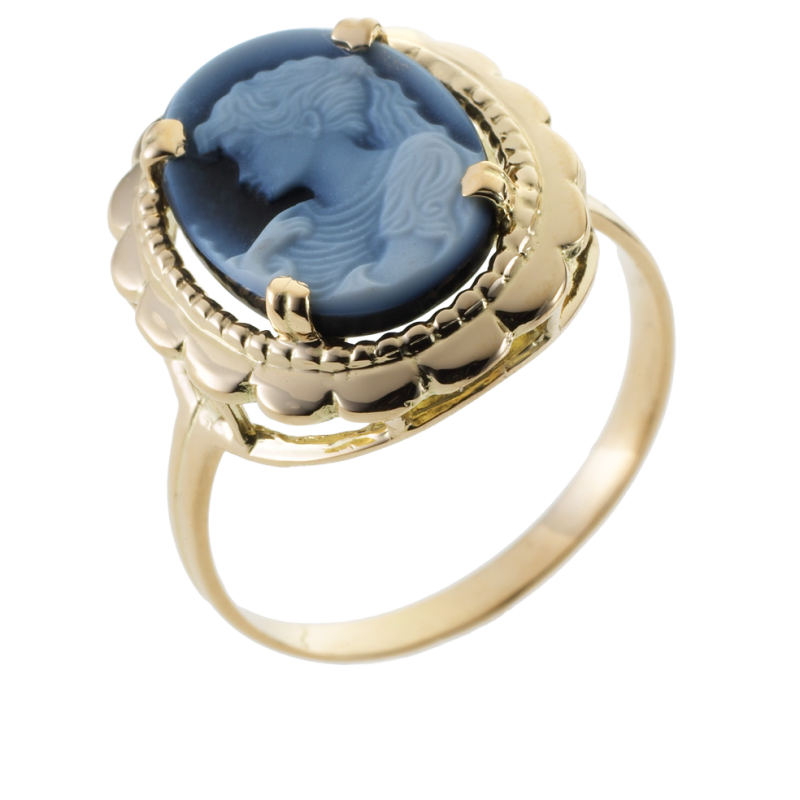 Bague en or jaune et camée agate bleue 