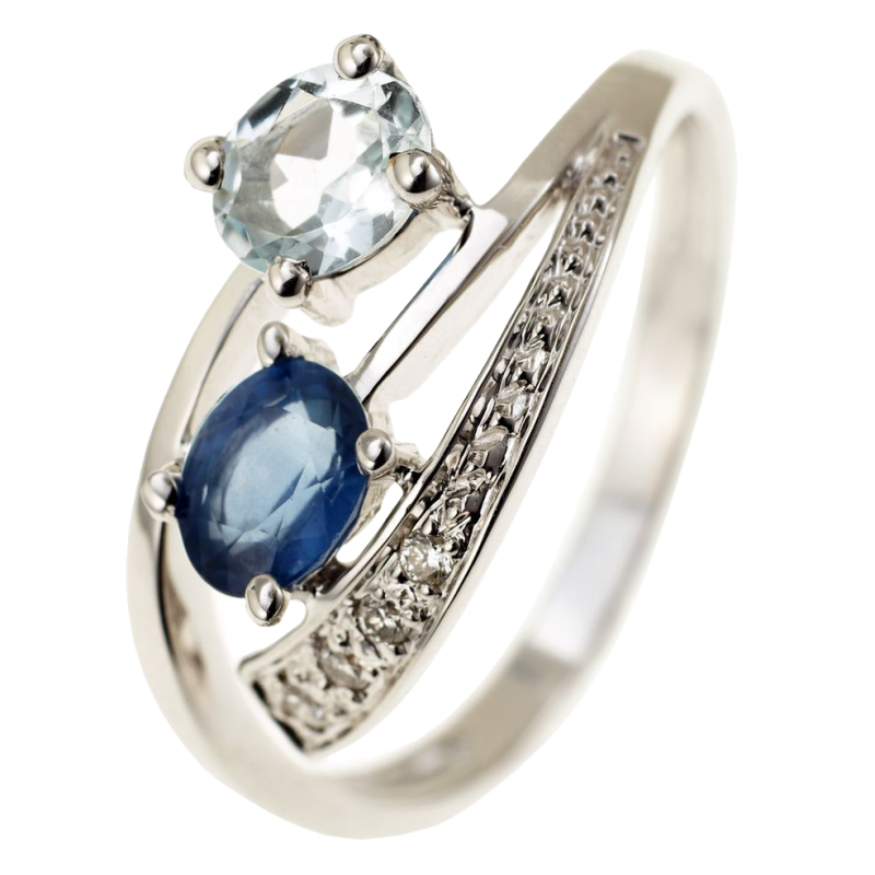 Bague en or gris, saphir, aigue marine et diamants