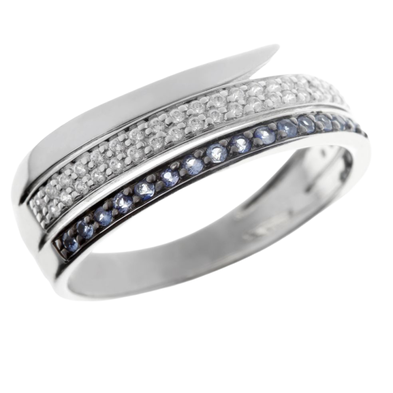 Bague en or gris rhodié noir, saphirs et diamants