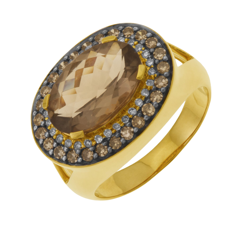 Bague or jaune et rhodié , quartz fumé, diamants blancs et diamants bruns