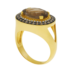 Bague or jaune et rhodié , quartz fumé, diamants blancs et diamants bruns
