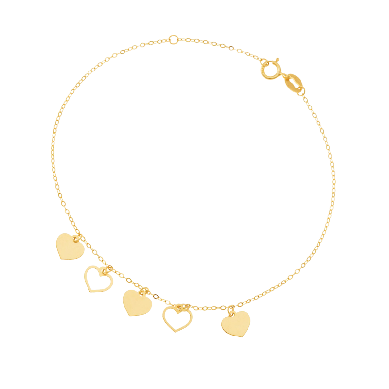 Bracelet en or jaune, pampilles coeurs