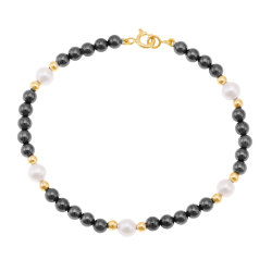 Bracelet en or jaune, hématites et perles de culture