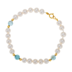 Bracelet en or jaune, perles de culture et larimar