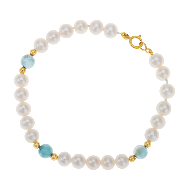 Bracelet en or jaune, perles de culture et larimar
