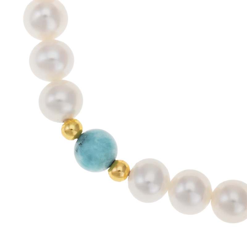Bracelet en or jaune, perles de culture et larimar