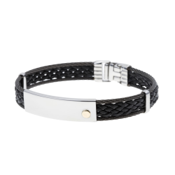 Bracelet en or jaune, cable acier et cuir tressé