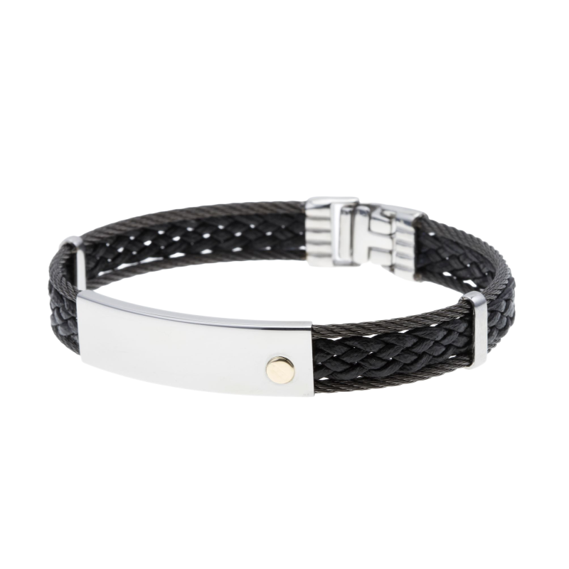 Bracelet en or jaune, cable acier et cuir tressé