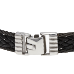 Bracelet en or jaune, cable acier et cuir tressé
