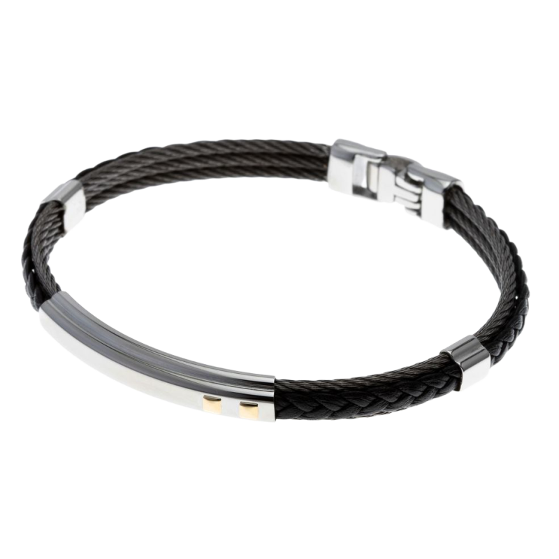 Bracelet jonc en or jaune et acier, cuir