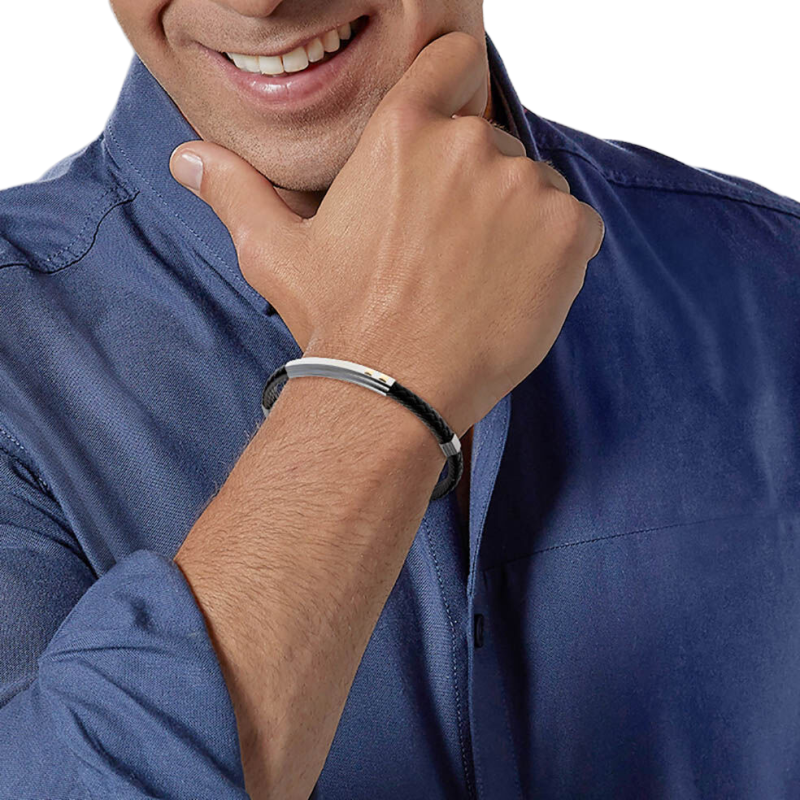 Bracelet jonc en or jaune et acier, cuir