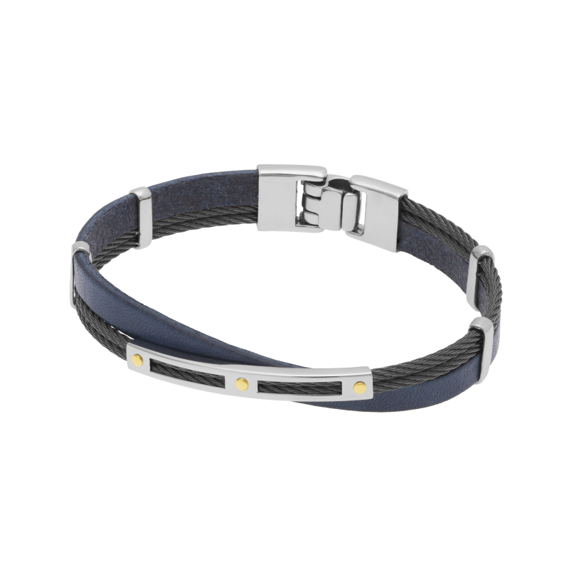 Bracelet en or jaune, câble acier et cuir 