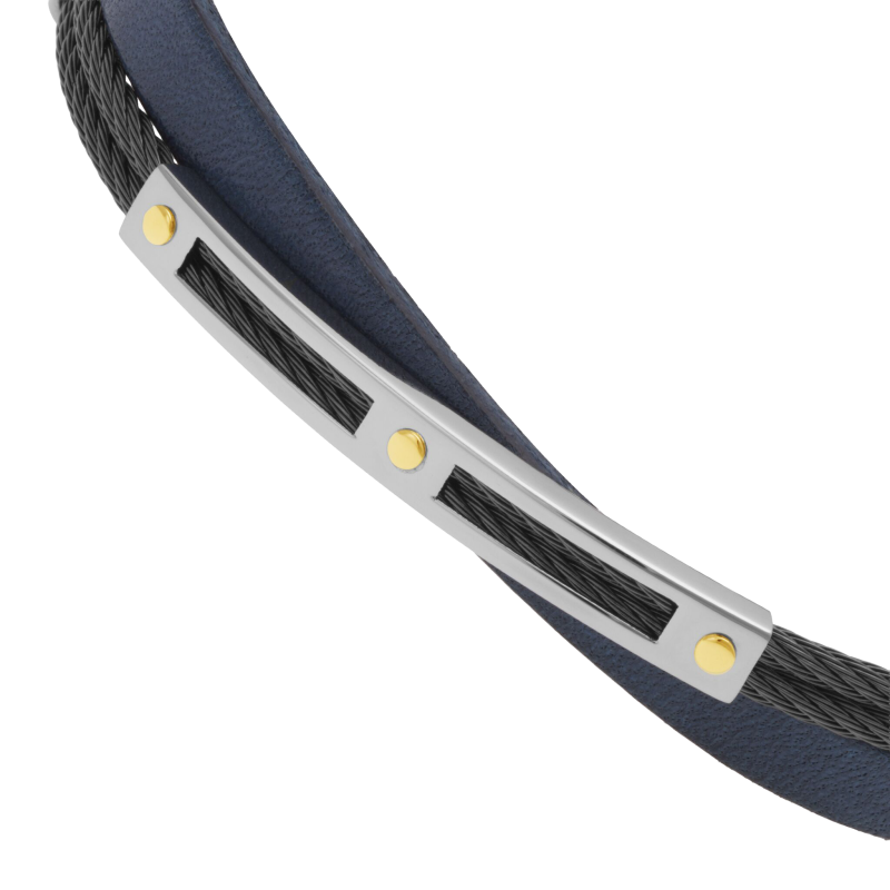 Bracelet en or jaune, câble acier et cuir 