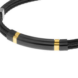 Bracelet jonc en or jaune et cables acier noir