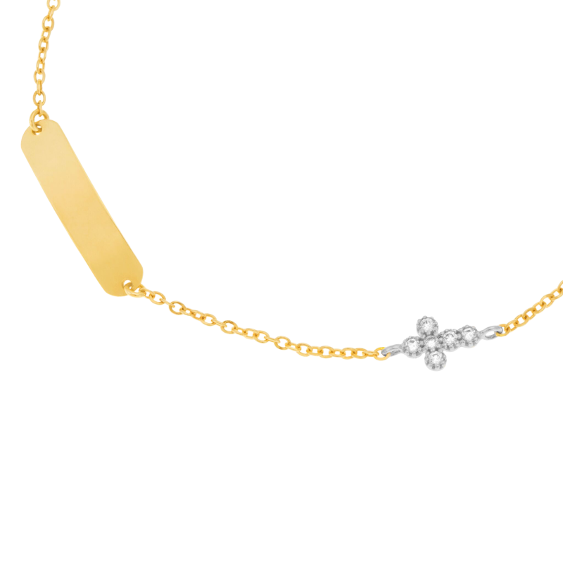 Bracelet identité en 2 ors et oxydes de zirconium, croix