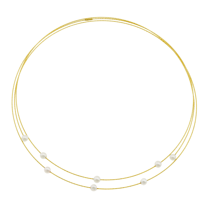 Collier câbles en or jaune et titane, perles de culture