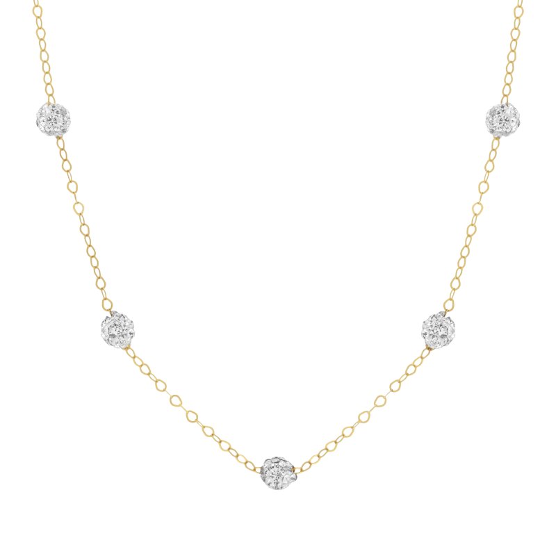 Collier en or jaune, boules en résine et cristaux de synthèse 