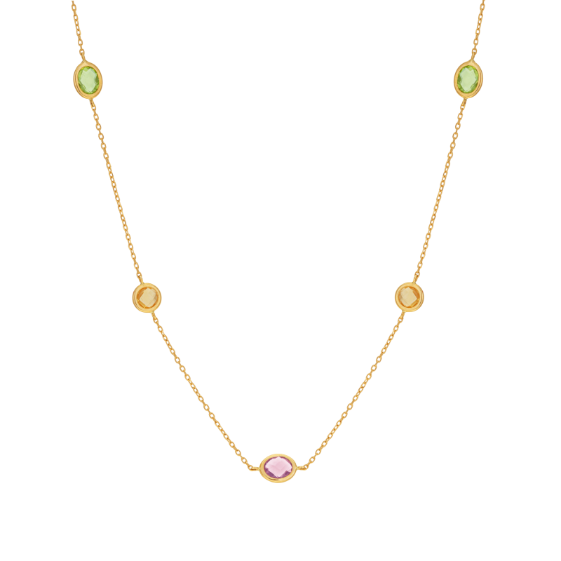 Collier en or jaune, citrines, péridots et améthyste