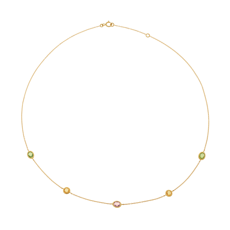 Collier en or jaune, citrines, péridots et améthyste