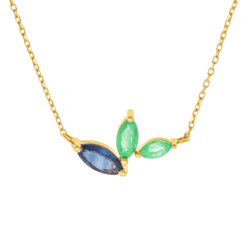 Collier en or jaune, saphir et émeraudes