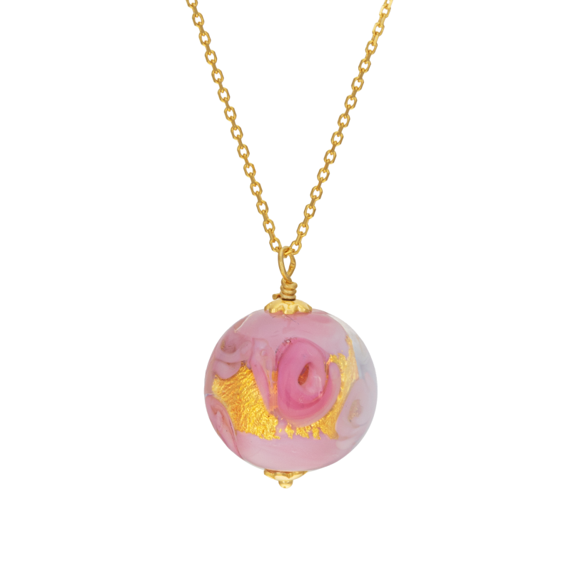 Collier en or jaune et verre de Venise rose 