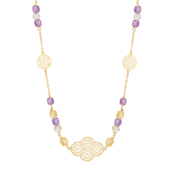 Collier en or jaune, perles de culture et pierres synthétiques