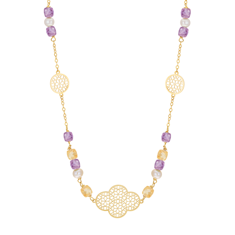 Collier en or jaune, perles de culture et pierres synthétiques
