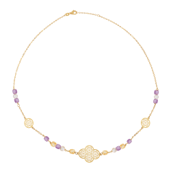 Collier en or jaune, perles de culture et pierres synthétiques
