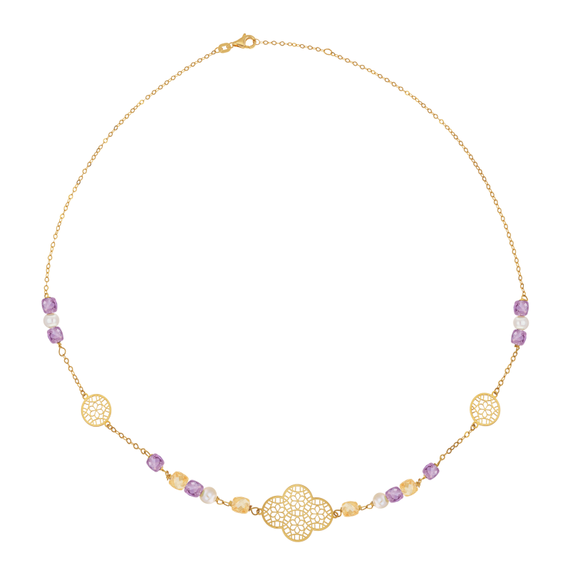 Collier en or jaune, perles de culture et pierres synthétiques